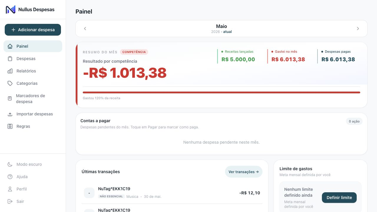 Painel do Nullus Despesas mostrando resultado por competência, receitas lançadas, gastos do mês, despesas pagas e contas a pagar